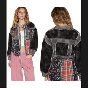 POL Patchwork Jean Jacket in Black, Gray, Red and Navy